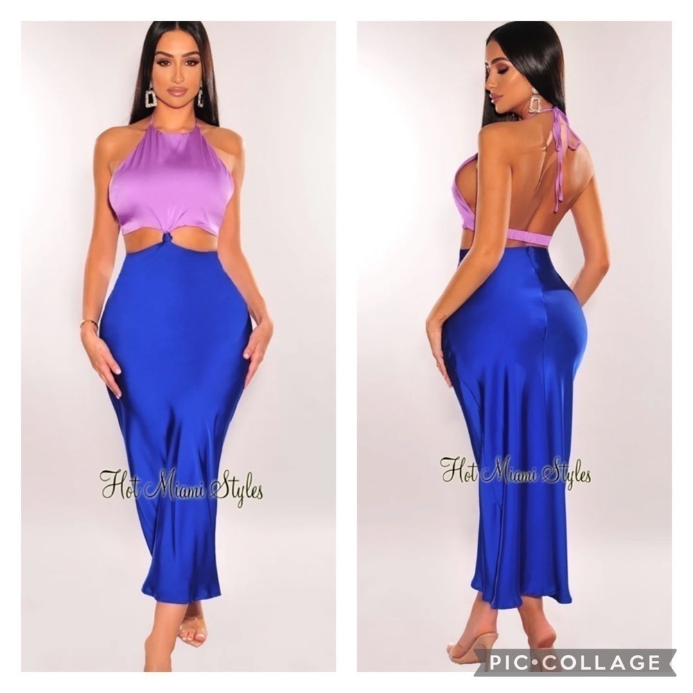 NWT LILAC BLUE SATIN HALTER KNOTTED CUT OUT SLIP DRESS Large